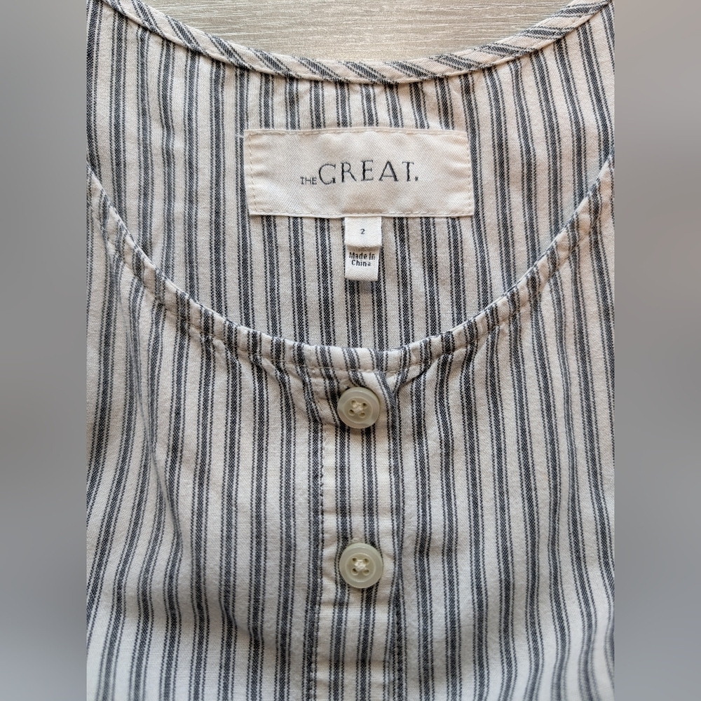 The Great. Grey Striped 100% Cotton Scoop Neck Button-Up Flutter Cami Dress M - Picture 10 of 11